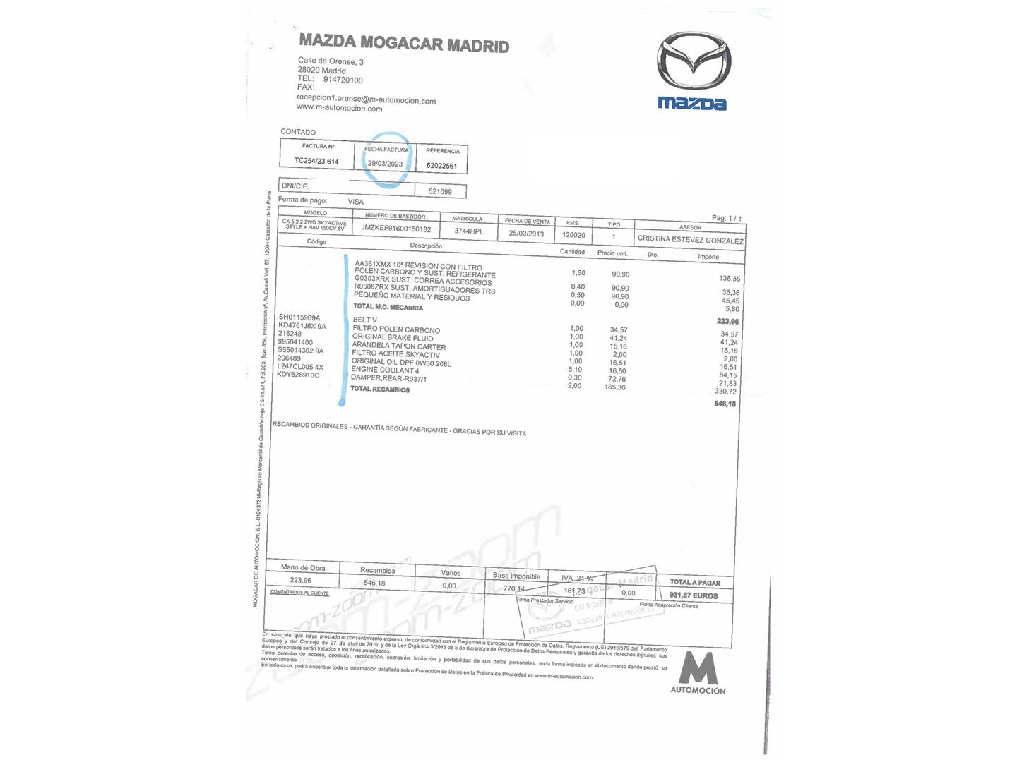 Foto del mantenimiento del Mazda CX-5 Mazda CX-5 2.2 DE Style 2WD (150 CV)