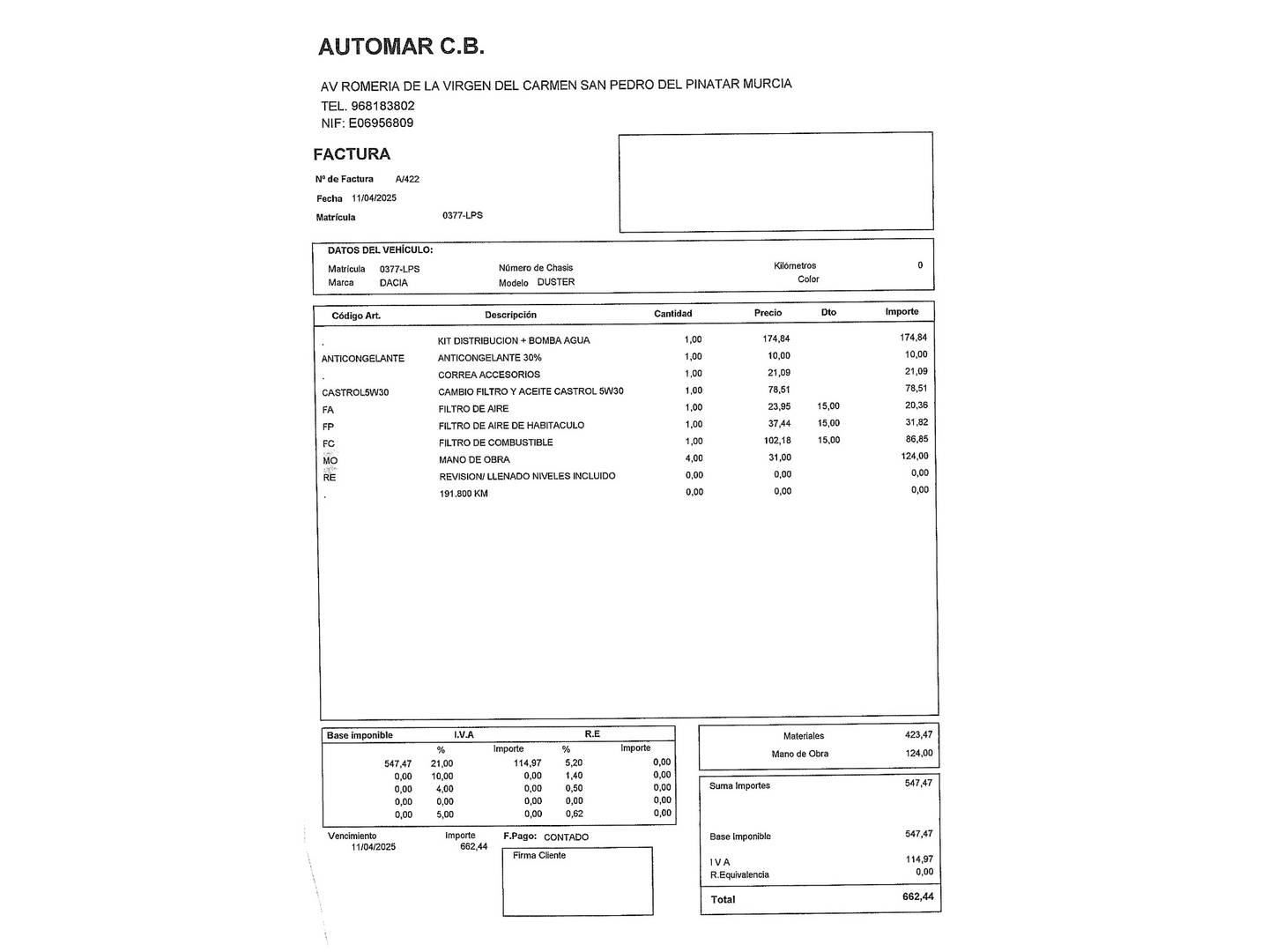 Foto del mantenimiento del Dacia Duster Dacia Duster Comfort Blue dCi (115 CV) 4X4