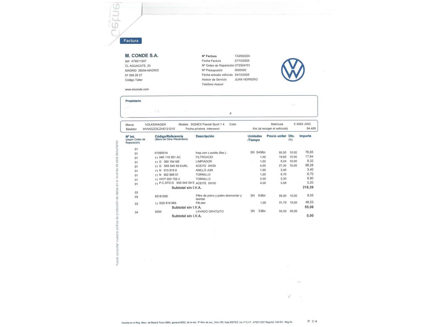 Foto del mantenimiento del Volkswagen Passat Volkswagen Passat Sport 1.4 TSI ACT BMT (150 CV)