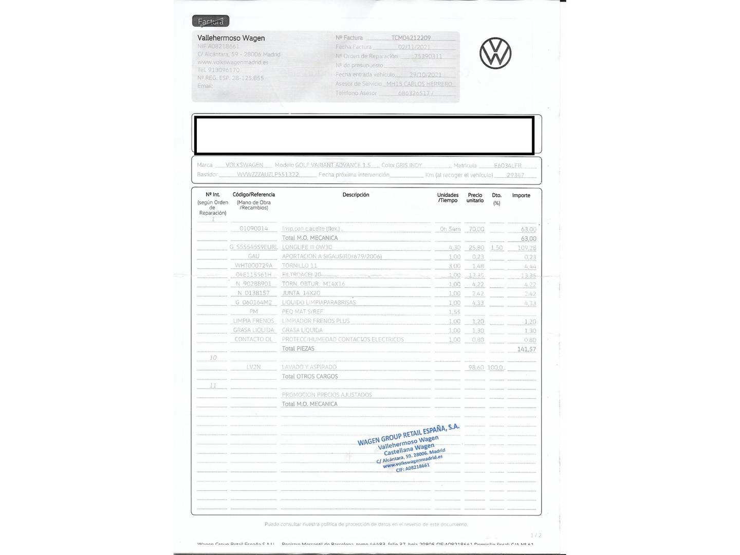 Foto del mantenimiento del Volkswagen Golf Volkswagen Golf Variant Advance 1.5 TSI EVO (130 CV)