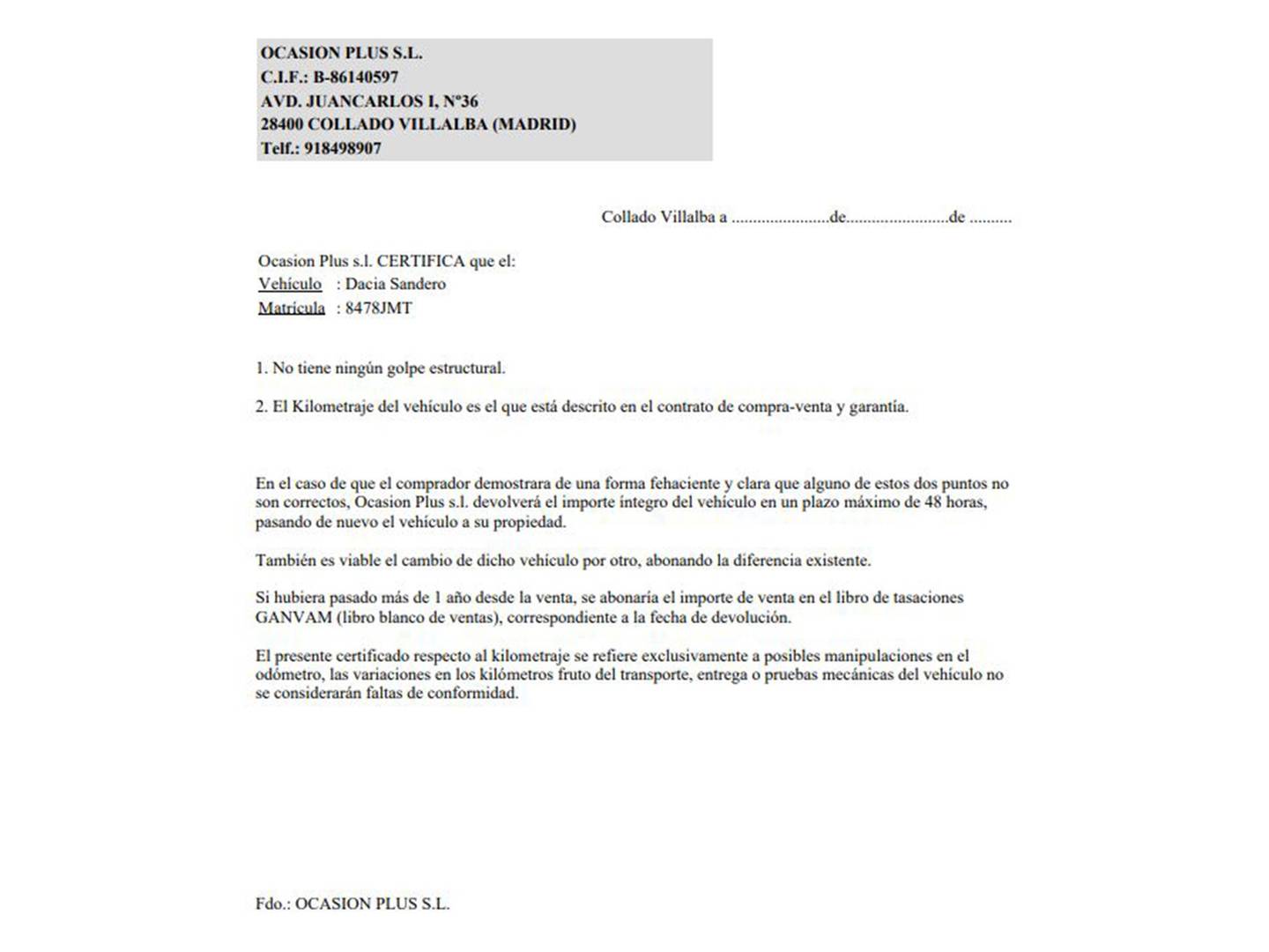 Foto del certificado del Dacia Sandero Dacia Sandero Stepway TCe  (90 CV)