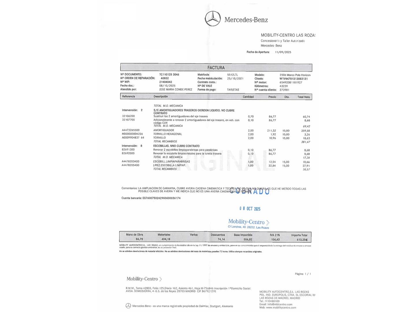 Foto del mantenimiento del Mercedes Clase V Mercedes Clase V Clase V 250 d Marco Polo Horizon Largo (190 CV) Camperizada