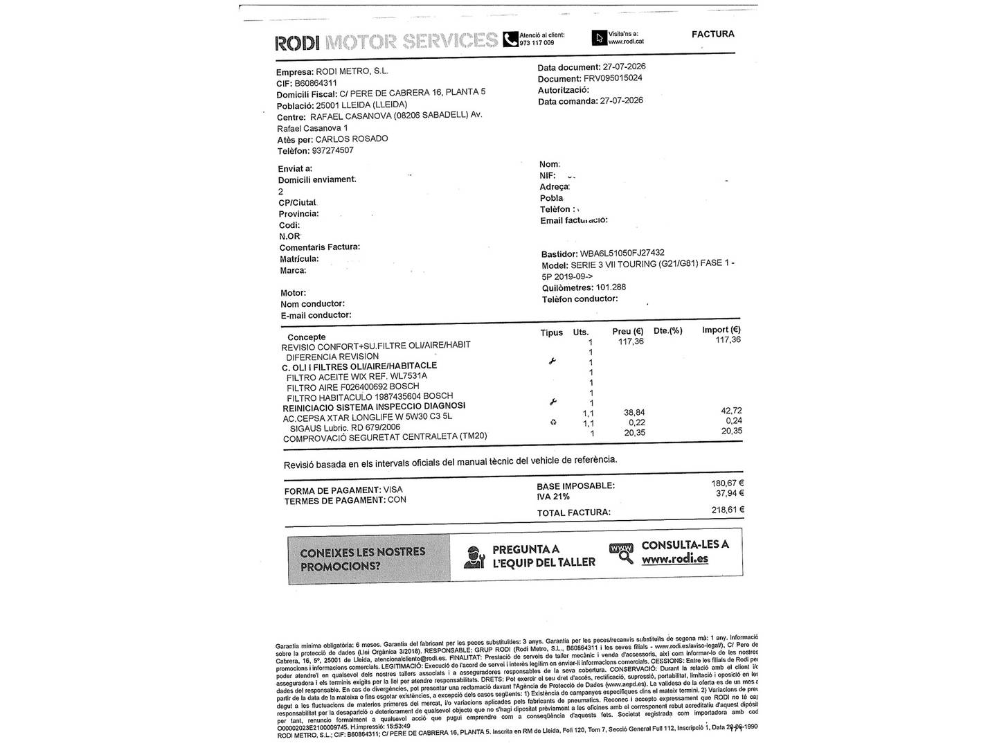 Foto del mantenimiento del BMW Serie 3 BMW Serie 3 320d Touring (190 CV) Pack M