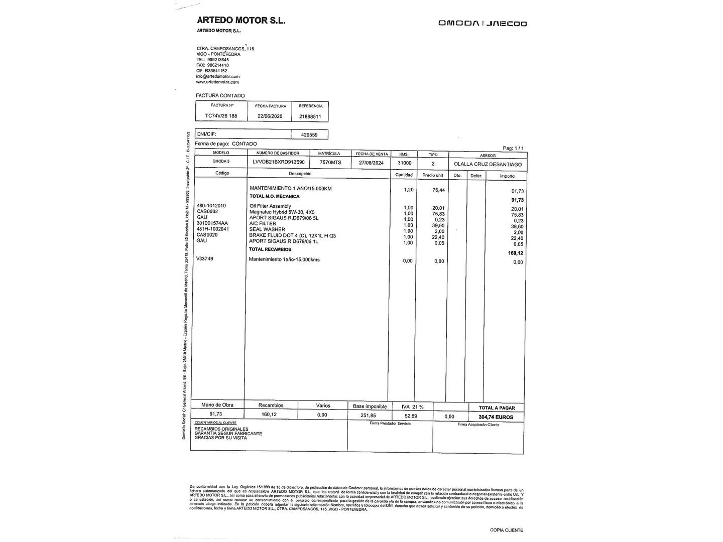Foto del mantenimiento del OMODA 5 OMODA 5 1.6 T-GDI Premium DCT (185 CV)