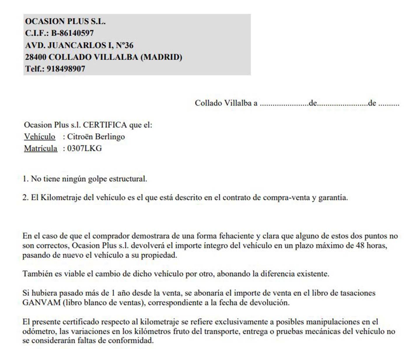 Foto del certificado del Citroën Berlingo Citroën Berlingo BlueHDi 100 S&S Talla M Shine (102 CV)