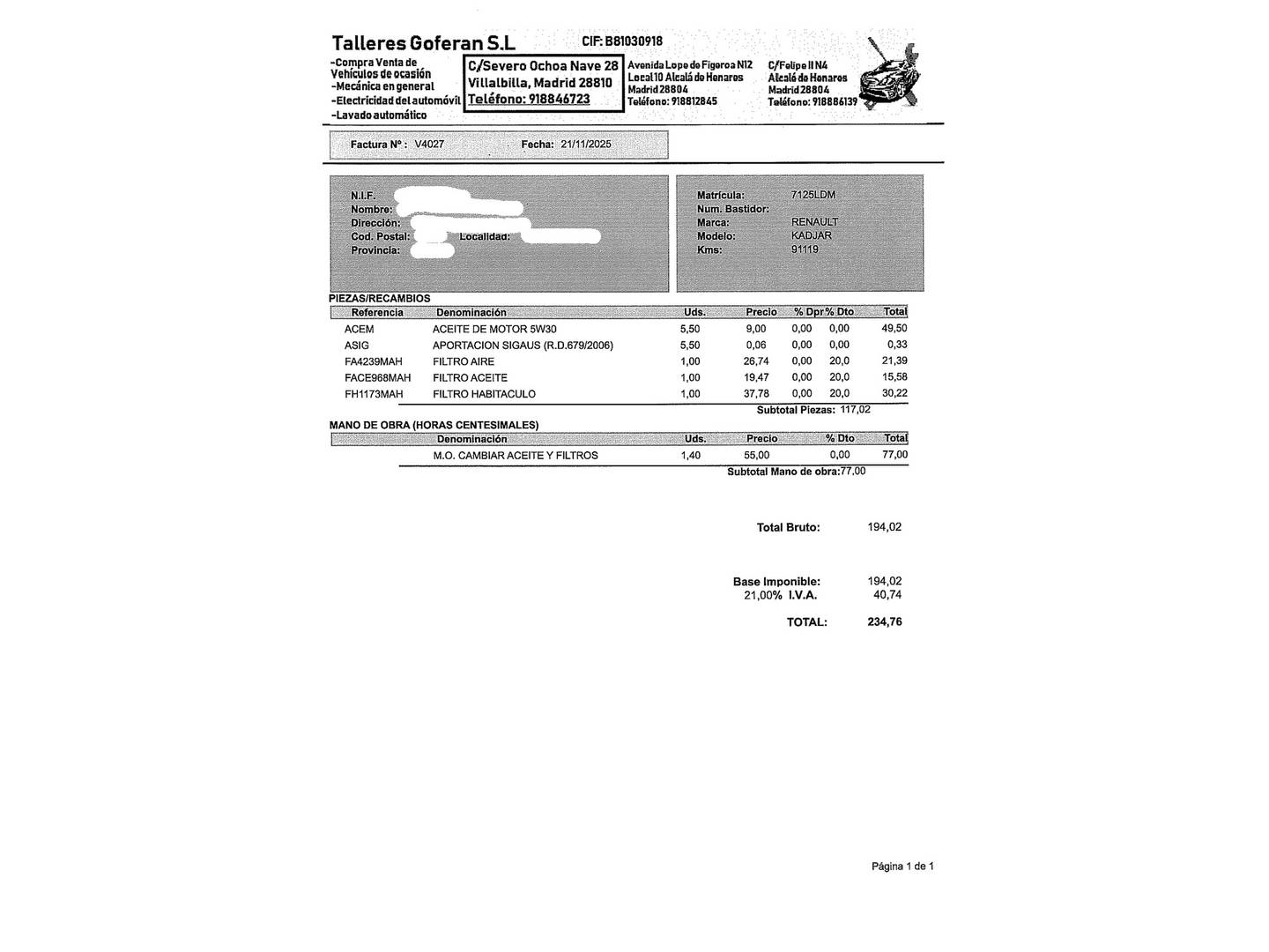 Foto del mantenimiento del Renault Kadjar Renault Kadjar Zen TCe (140 CV) GPF EDC