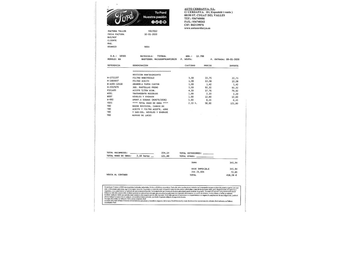 Foto del mantenimiento del Ford Ka+ Ford Ka+ 1.2 Ti-VCT Ultimate (85 CV)