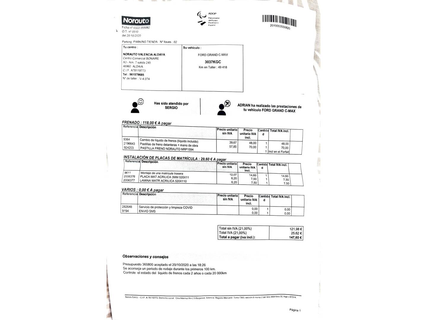 Foto del mantenimiento del Ford Grand C-Max Ford Grand C-Max 1.5 TDCI Titanium (120 CV)