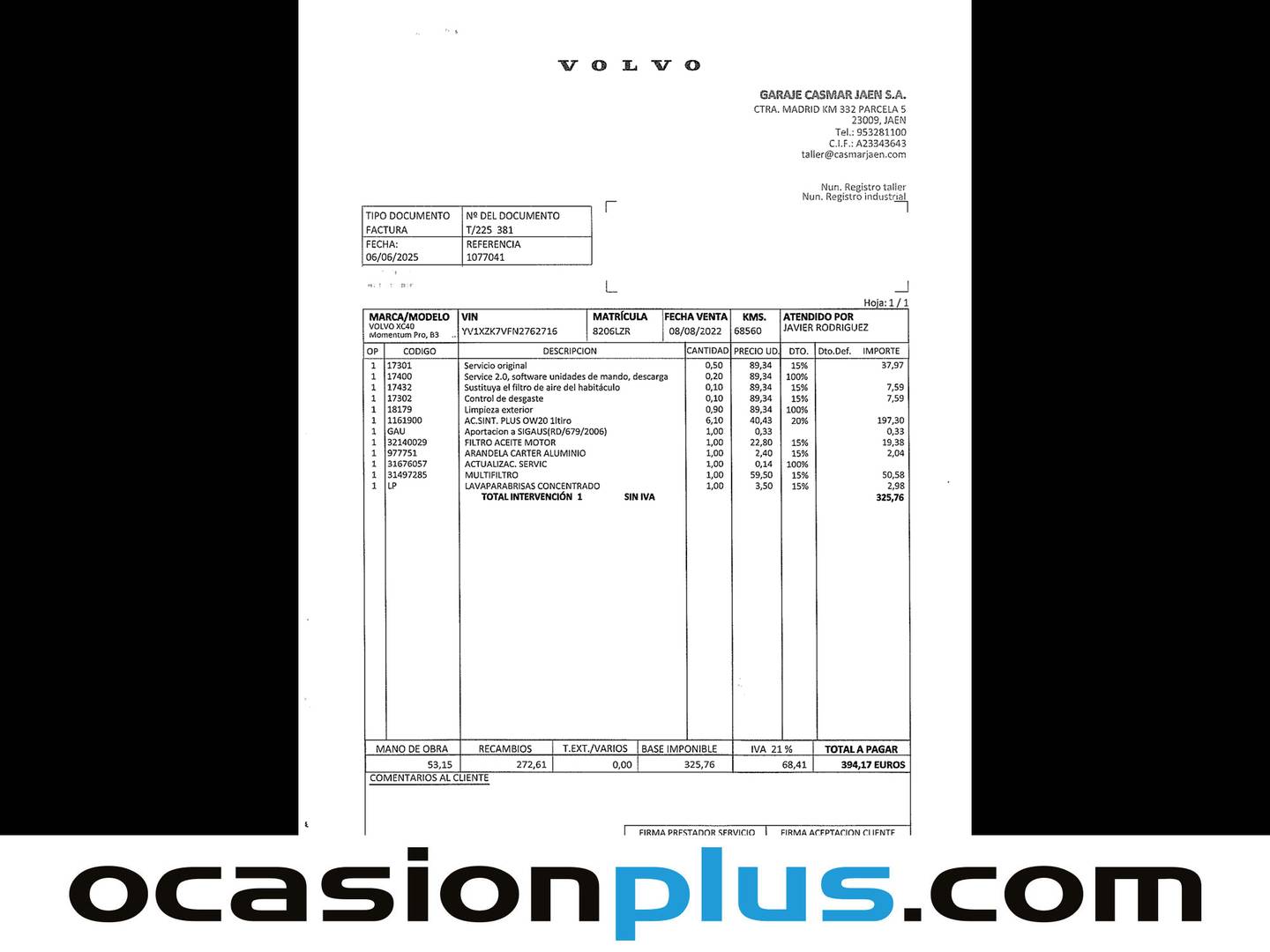 Foto del mantenimiento del Volvo XC40 Volvo XC40 B3 G Momentum Pro Auto (163 CV)