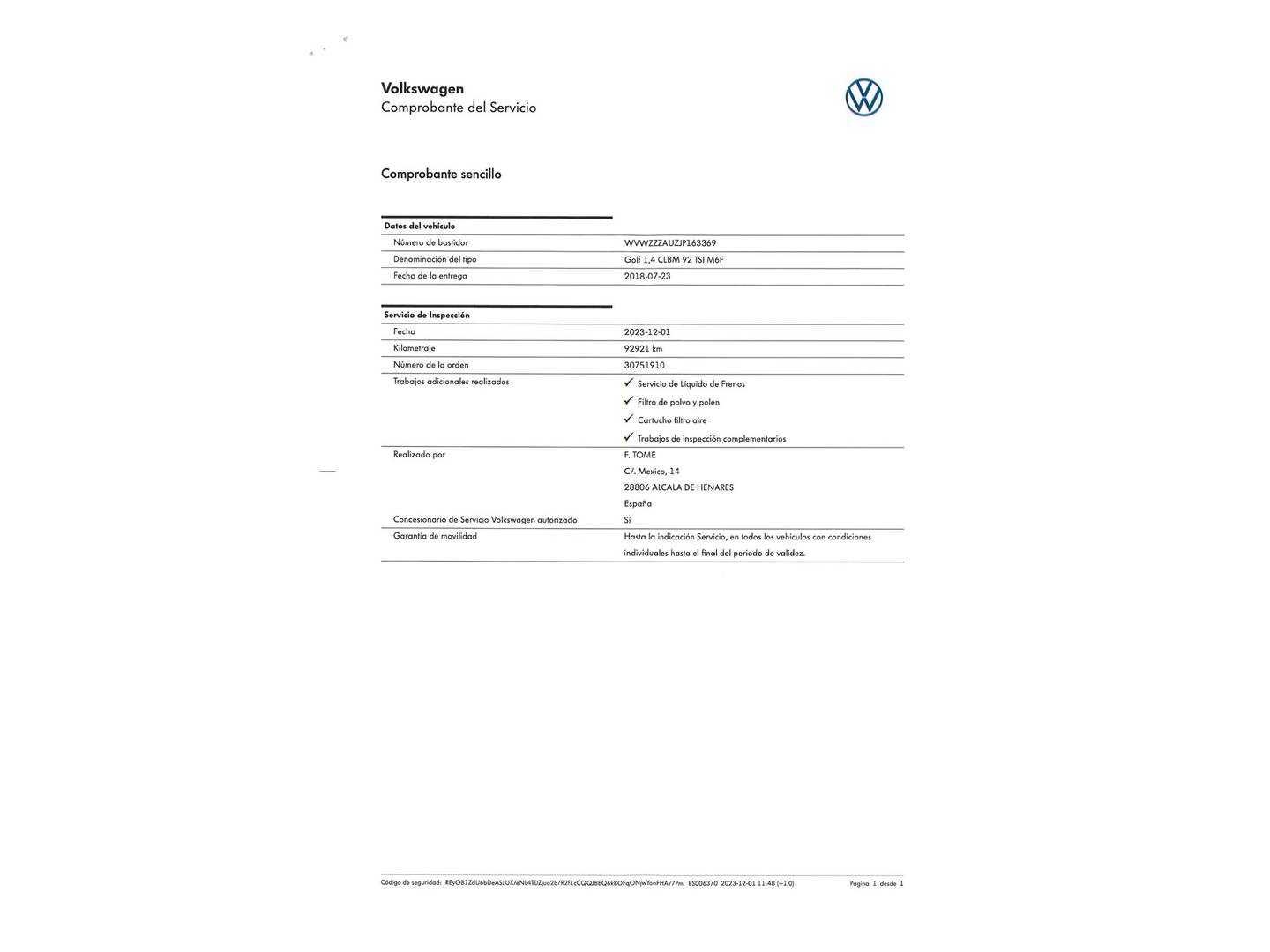 Foto del mantenimiento del Volkswagen Golf Volkswagen Golf Advance 1.4 TSI (125 CV)