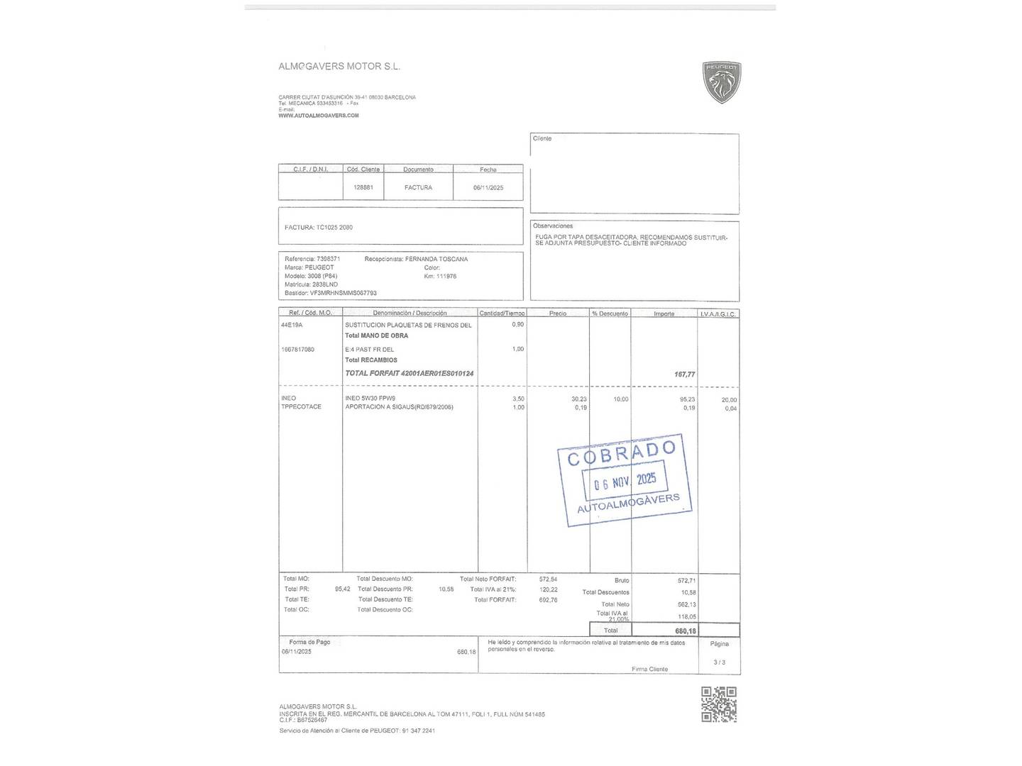 Foto del mantenimiento del Peugeot 3008 Peugeot 3008 130 S&S Active 96 kW (130 CV)