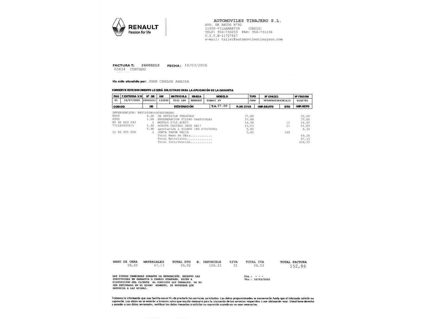 Foto del mantenimiento del Renault Scénic Renault Scenic Zen Blue dCi (120 CV)