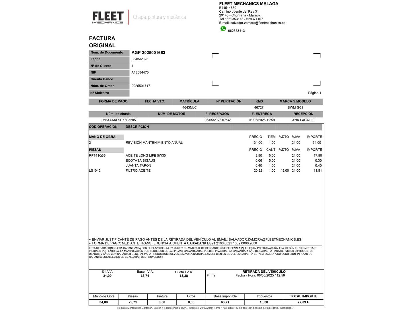 Foto del mantenimiento del SWM G01 SWM G01 1.5T Luxury (131 CV)