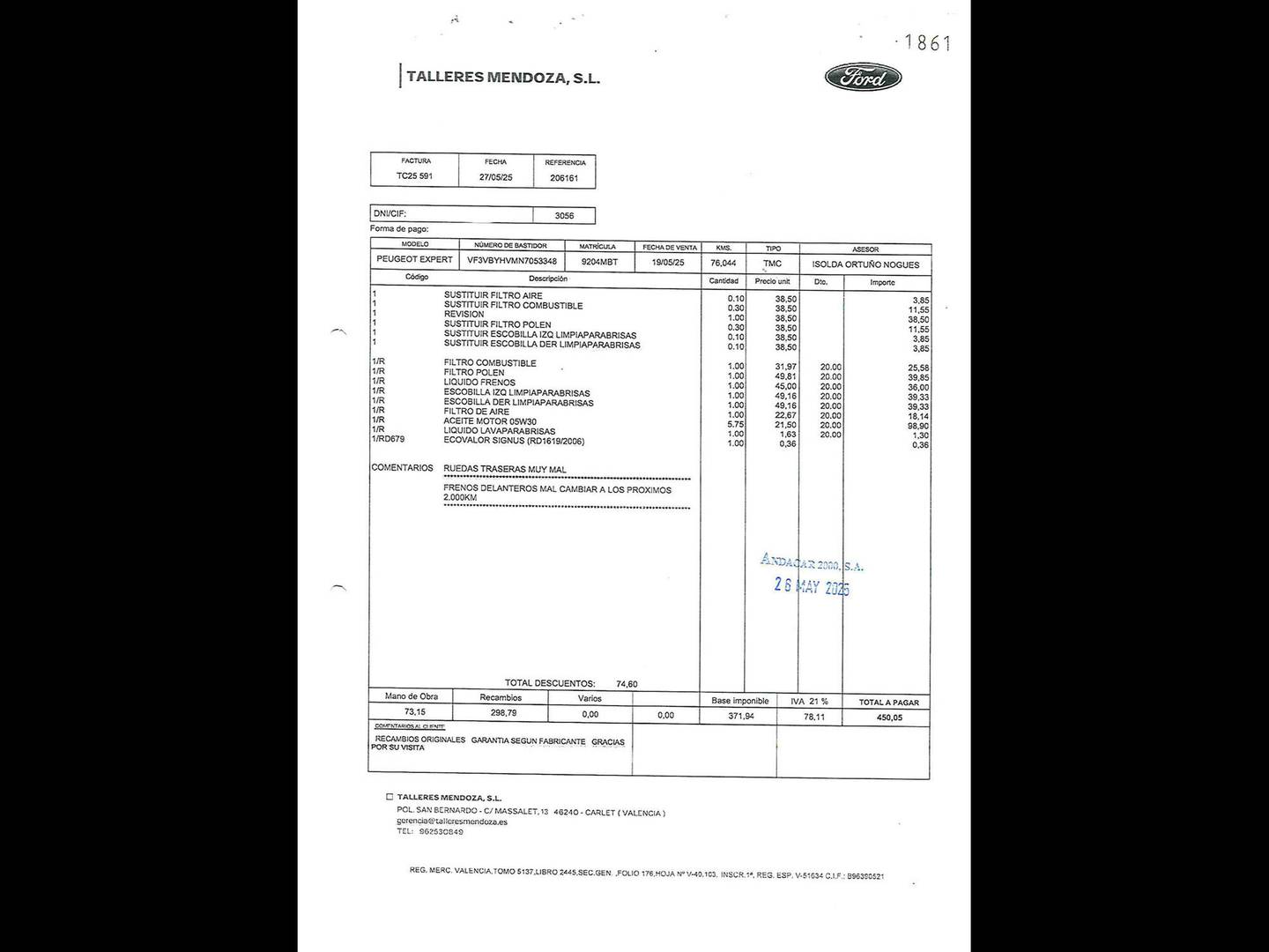 Foto del mantenimiento del Peugeot Expert Peugeot Expert Furgon BlueHDi 120 S&S Pro Standard (122 CV)