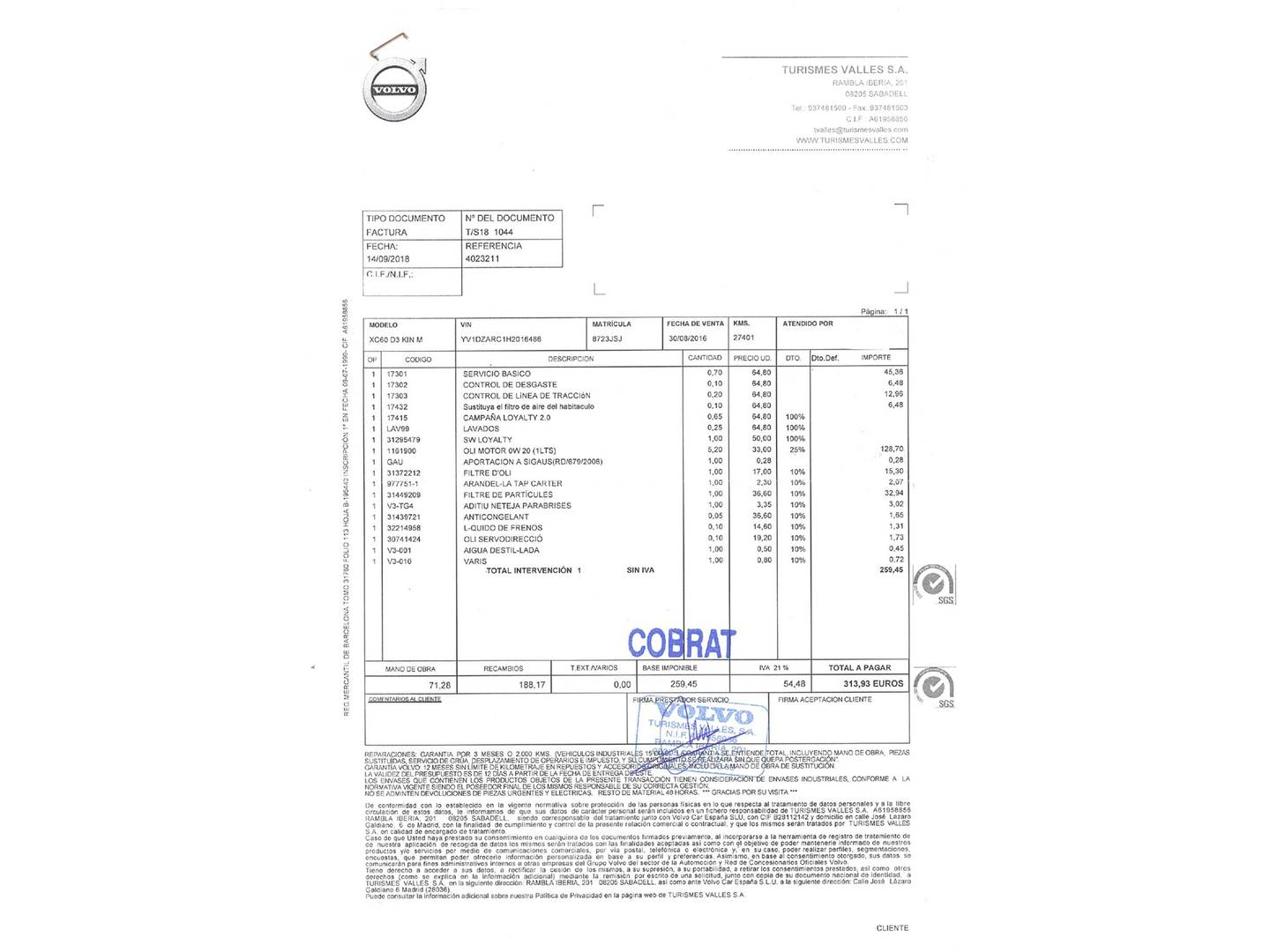 Foto del mantenimiento del Volvo XC60 Volvo XC60 D3 Kinetic (150 CV)