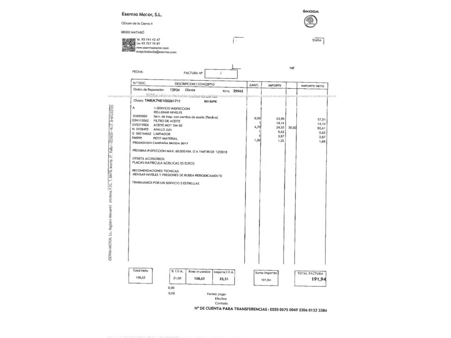 Foto del mantenimiento del Skoda Octavia Skoda Octavia Combi Combi 2.0 TDI RS (184 CV)