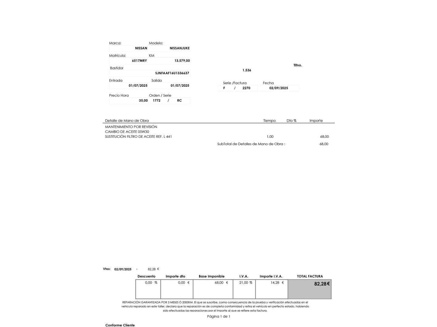 Foto del mantenimiento del Nissan JUKE Nissan Juke DIG-T Acenta (114 CV)