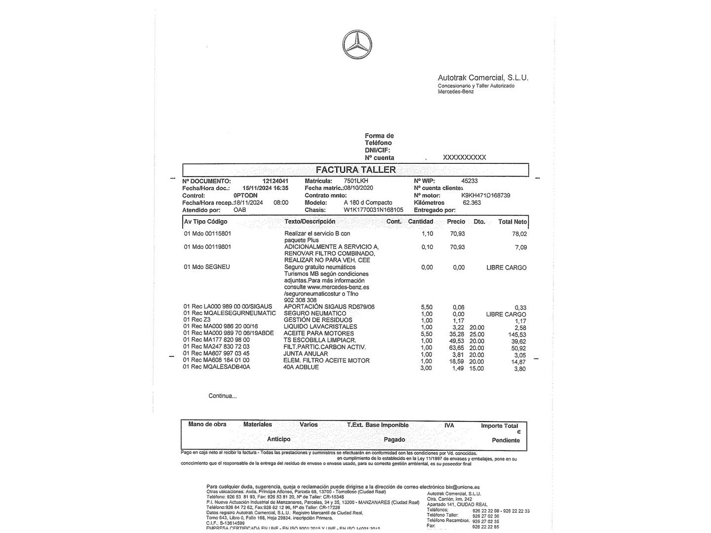 Foto del mantenimiento del Mercedes Clase A Mercedes Clase A 180 d (116 CV) Pack AMG