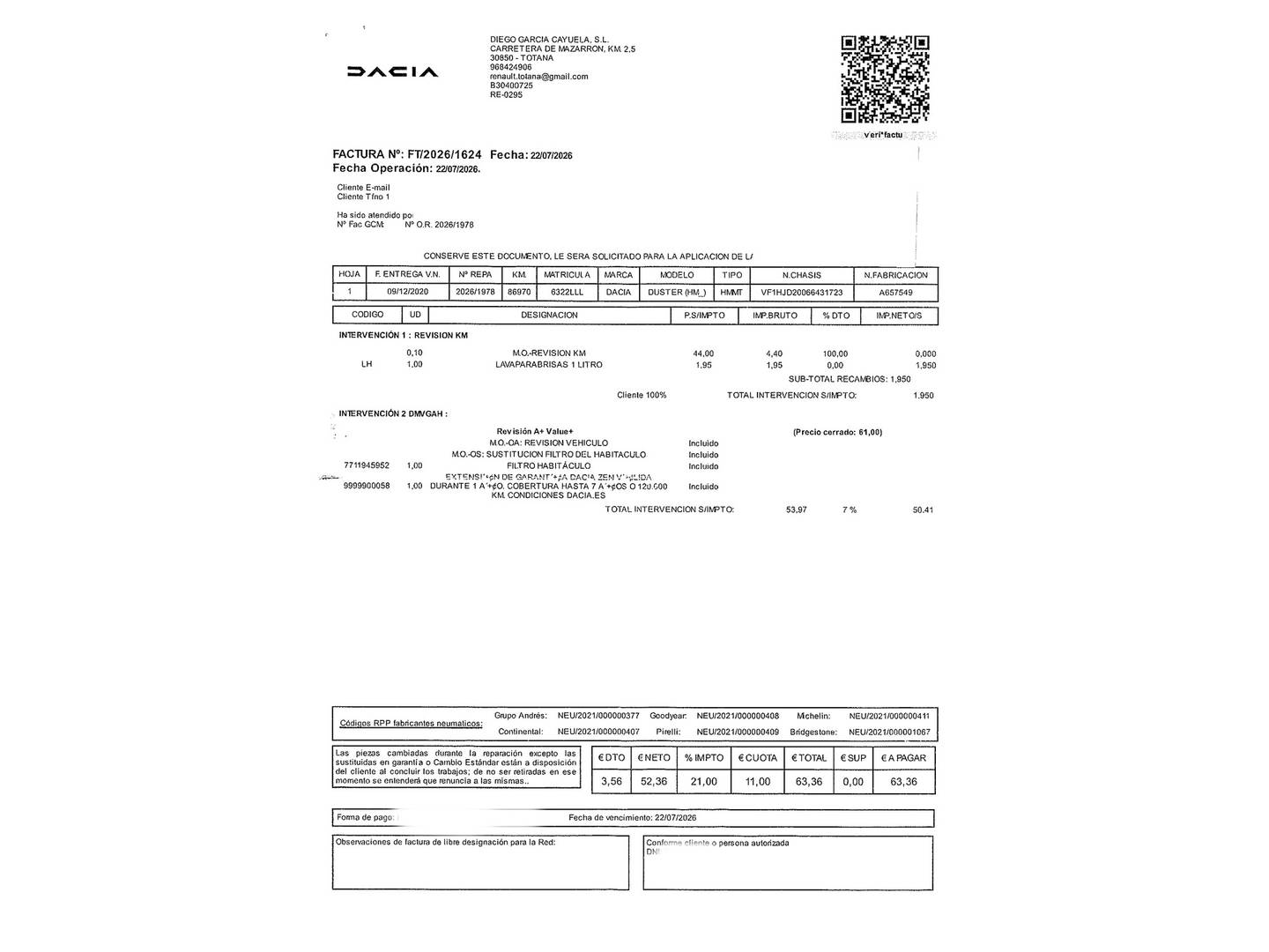 Foto del mantenimiento del Dacia Duster Dacia Duster Essential TCE (100 CV) 4X2