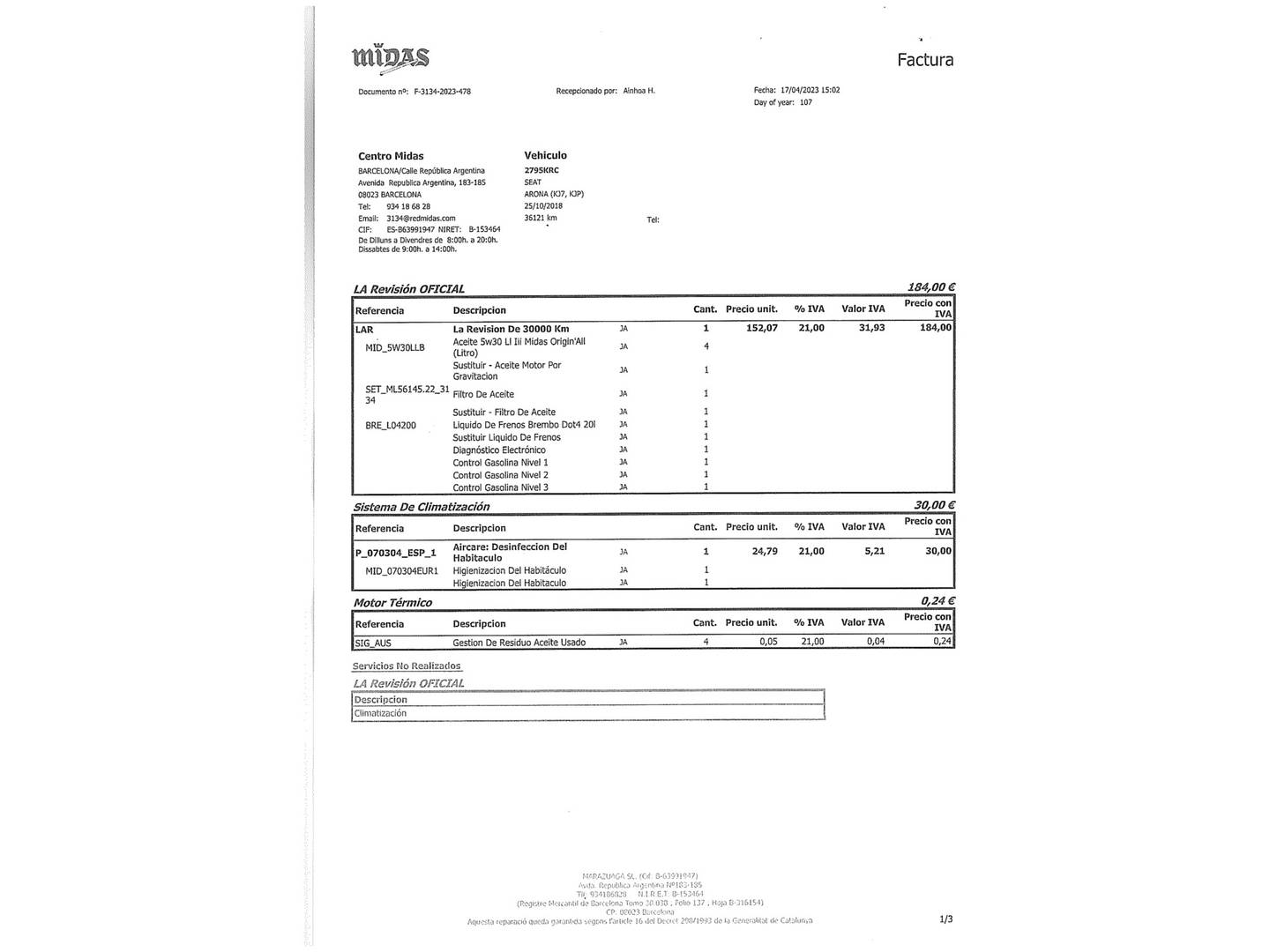 Foto del mantenimiento del Seat Arona Seat Arona 1.0 TSI Ecomotive Xcellence (115 CV)