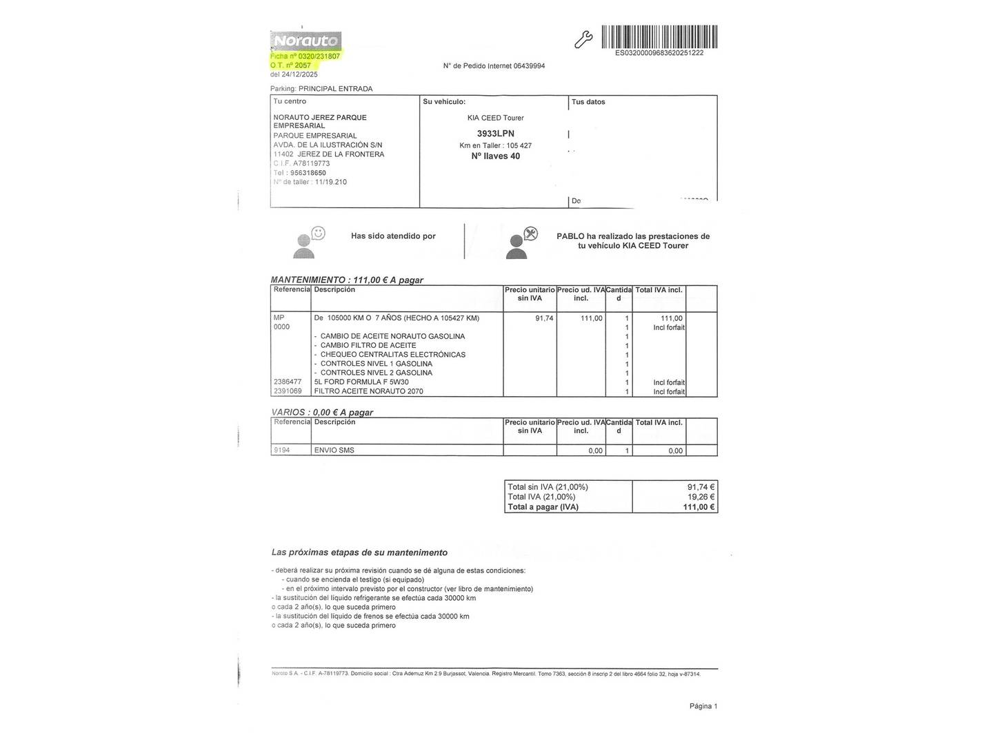 Foto del mantenimiento del KIA Ceed Tourer Kia Ceed Tourer 1.0 T-GDi Drive (120 CV)