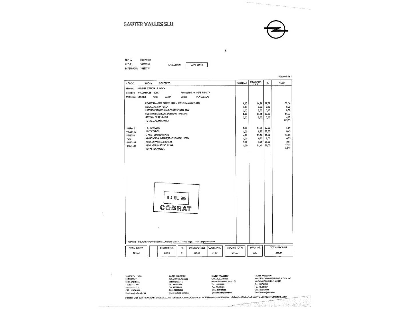 Foto del mantenimiento del Opel Insignia Opel Insignia 1.8 16v Edition (140 CV)