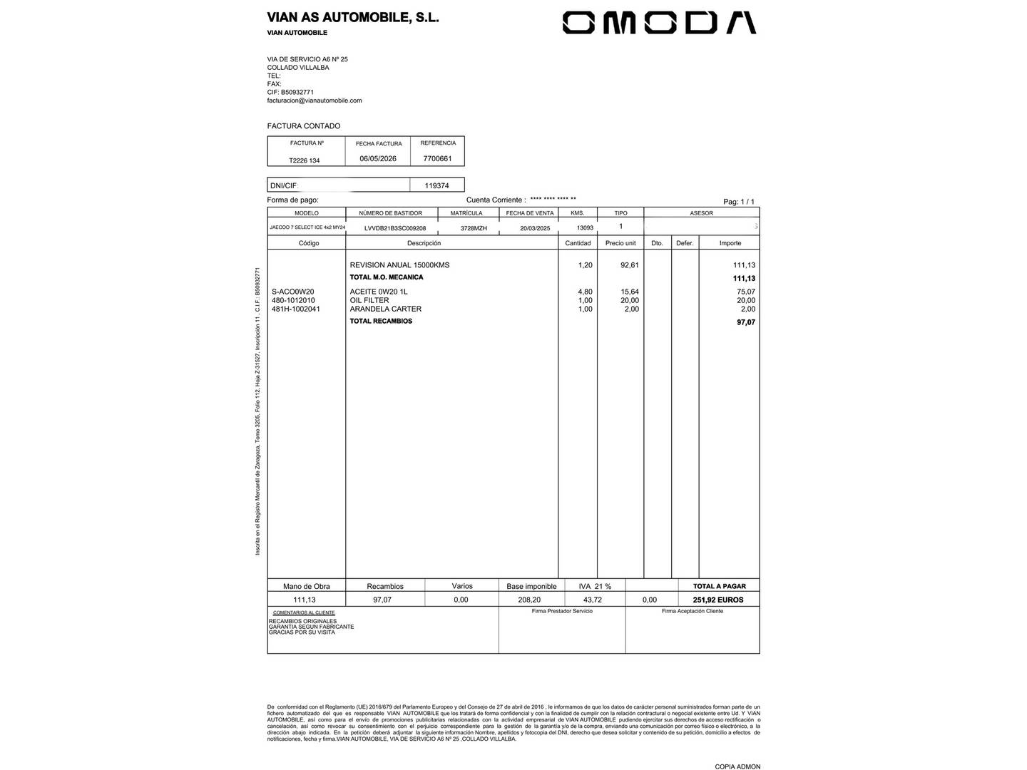 Foto del mantenimiento del JAECOO 7 JAECOO 7 1.6 TGDI Select FWD (145 CV)