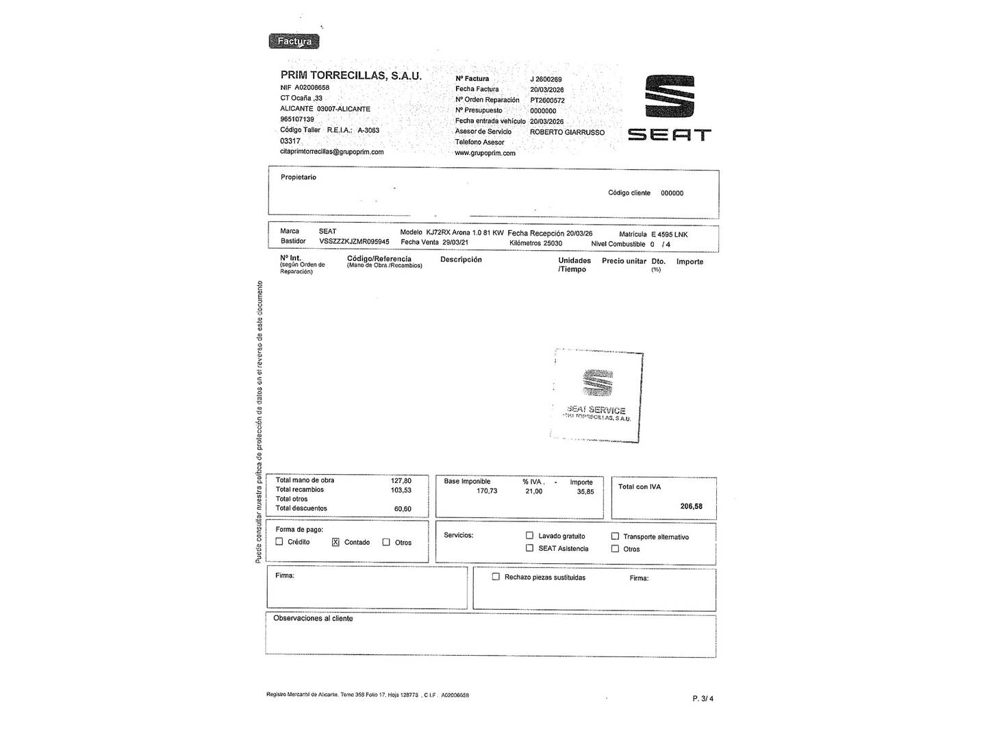Foto del mantenimiento del Seat Arona Seat Arona 1.0 TSI Style Go2 (110 CV)