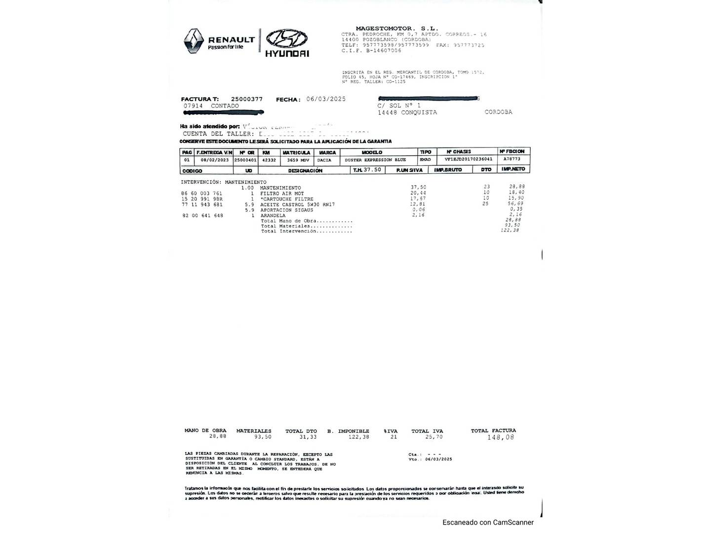 Foto del mantenimiento del Dacia Duster Dacia Duster Expression dCi (115 CV)