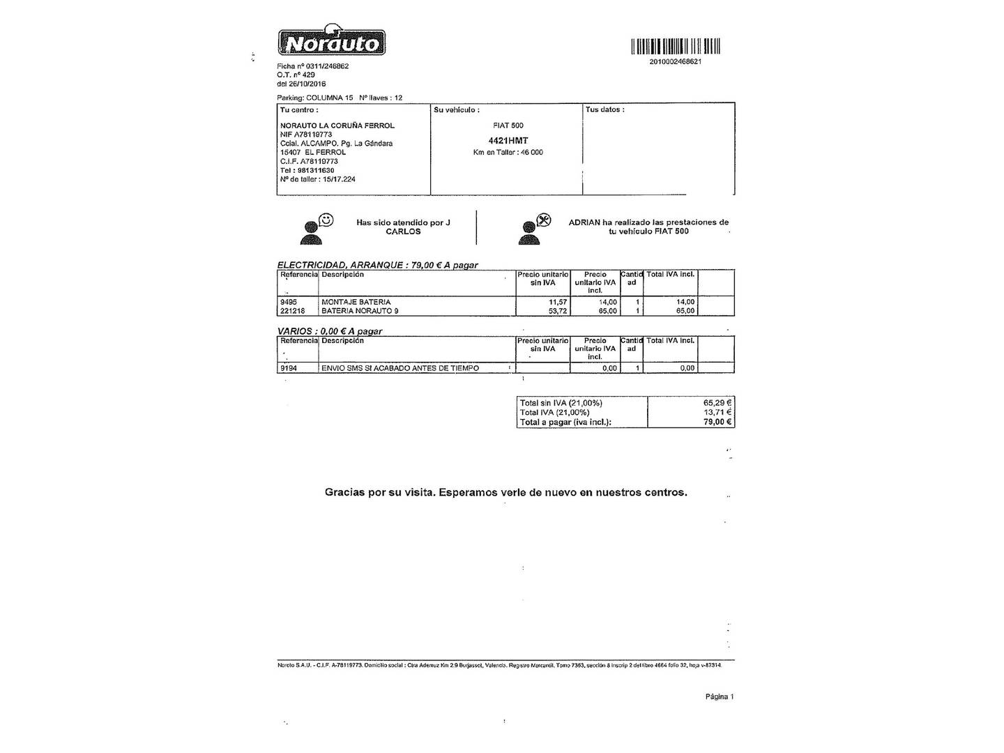 Foto del mantenimiento del Fiat 500L Fiat 500L 1.4 16v (95 CV)