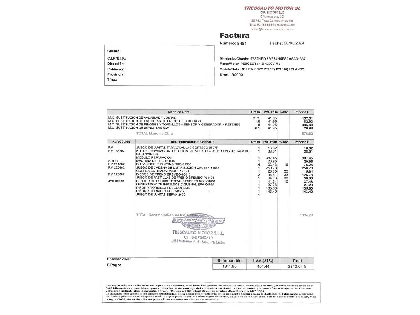 Foto del mantenimiento del Peugeot 308 Peugeot 308 SW 1.6 VTI Envy (120 CV) 7 Plazas