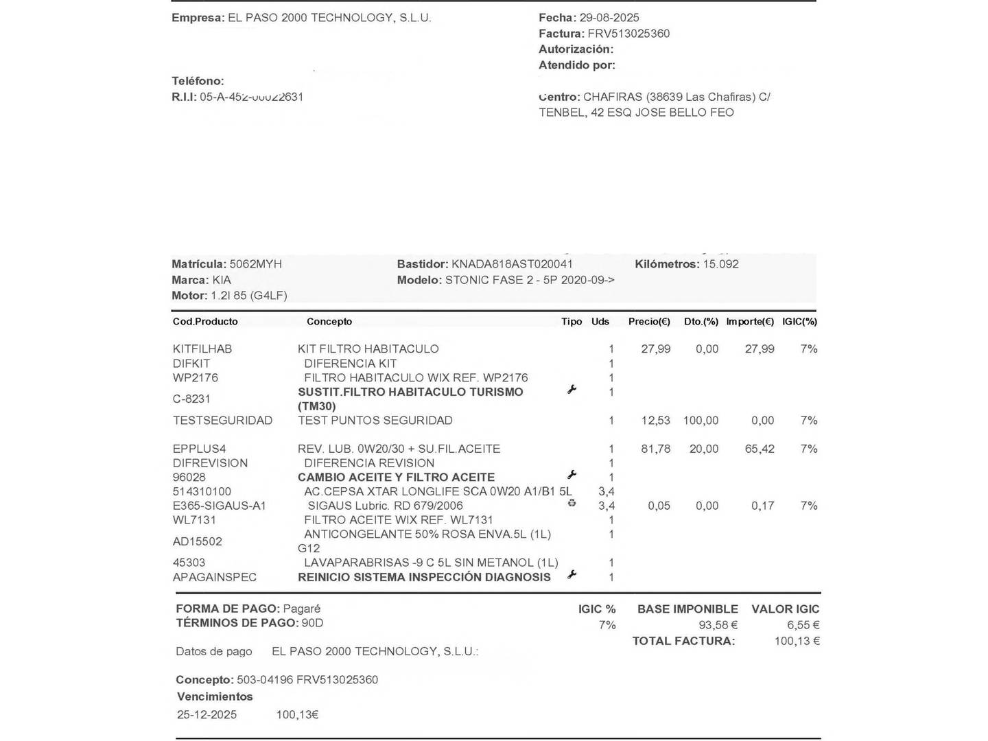 Foto del mantenimiento del KIA Stonic KIA Stonic 1.2 DPi Drive (79 CV)
