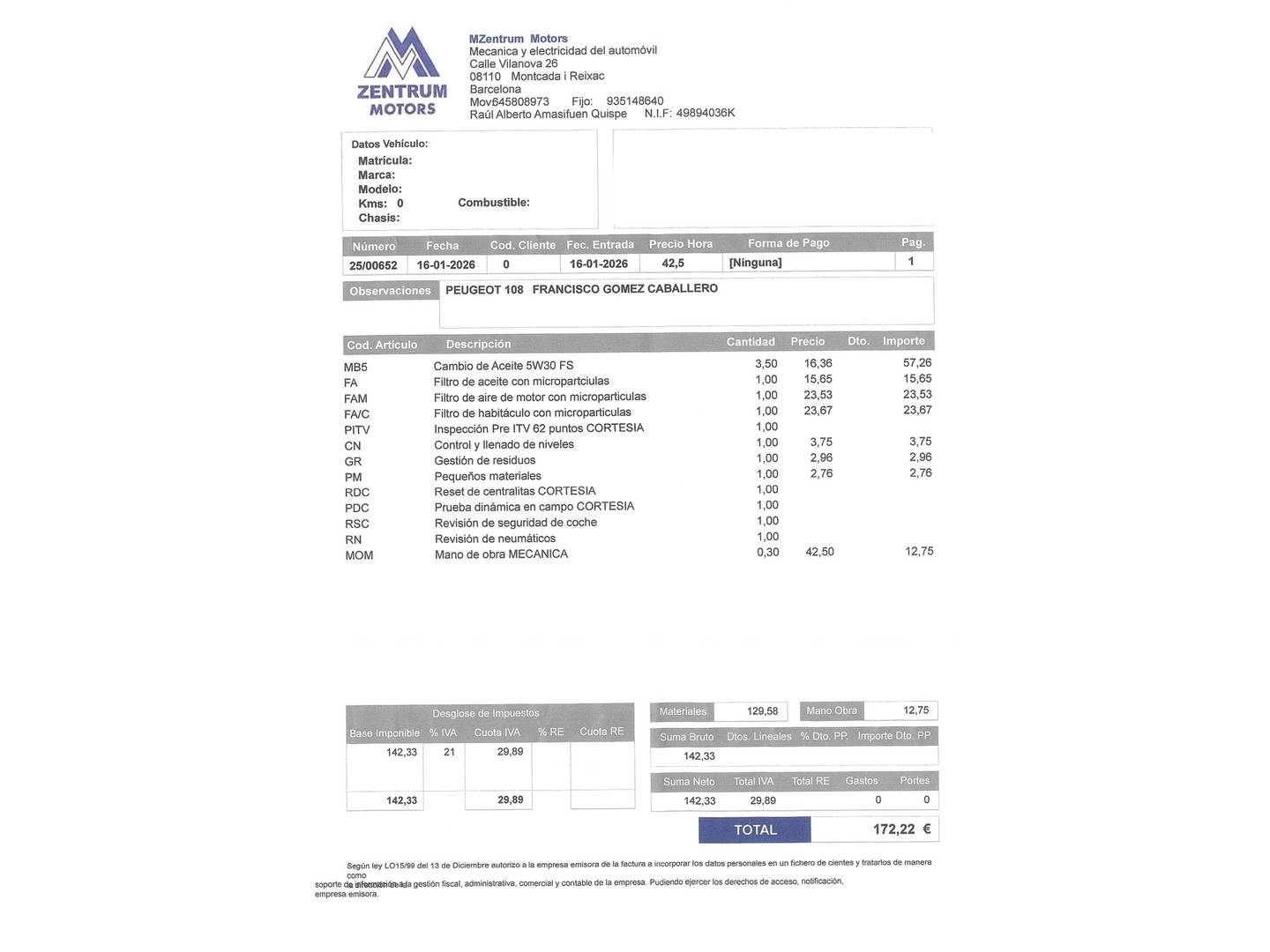 Foto del mantenimiento del Peugeot 108 Peugeot 108 1.0 VTi Active (72 CV)