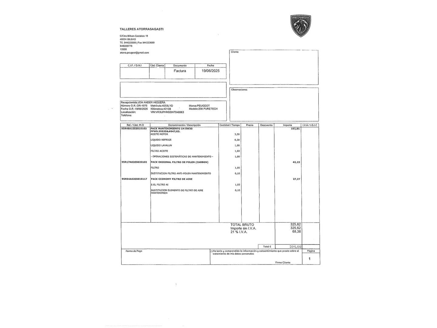 Foto del mantenimiento del Peugeot 208 Peugeot 208 PureTech 130 GT EAT8 (130 CV)