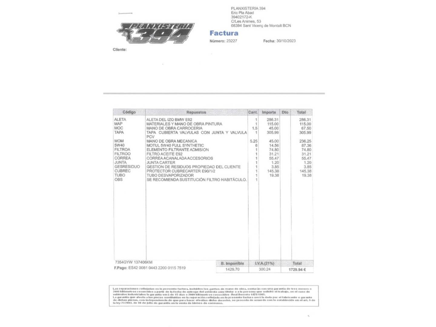 Foto del mantenimiento del BMW Serie 3 BMW Serie 3 320d Coupe Pack M (177 CV)