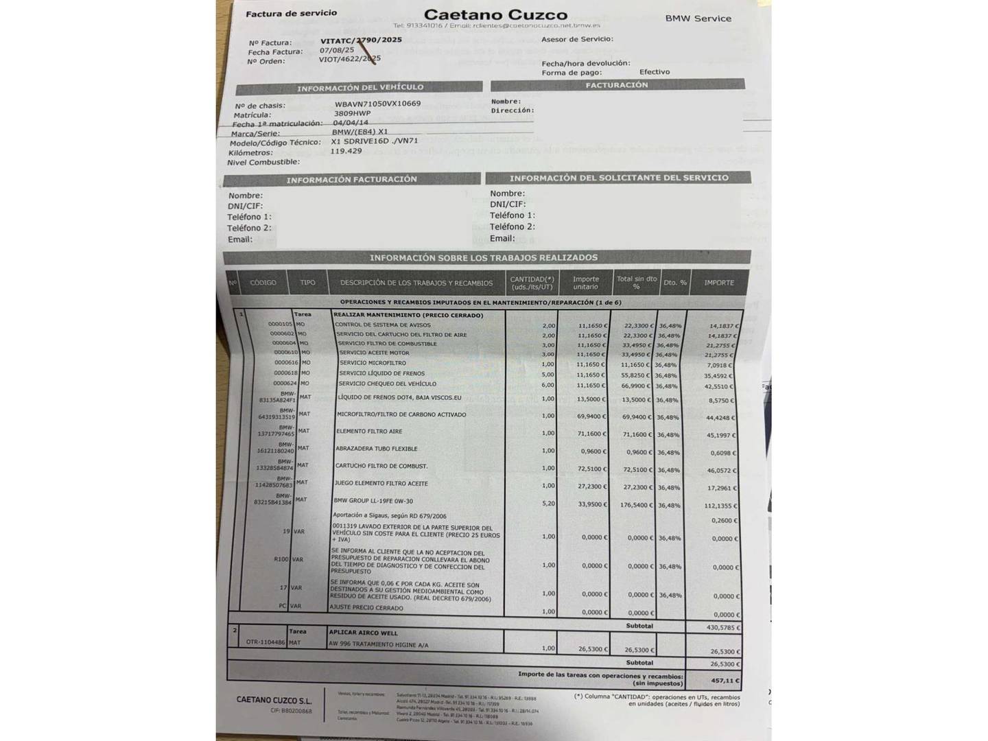 Foto del mantenimiento del BMW X1 BMW X1 sDrive18d (143 CV)