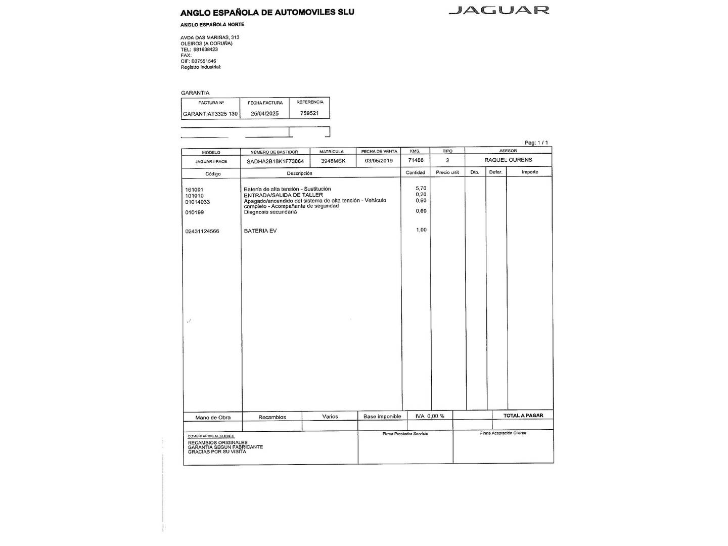 Foto del mantenimiento del Jaguar i-Pace Jaguar I-PACE EV400 HSE 4WD Auto (400 CV)