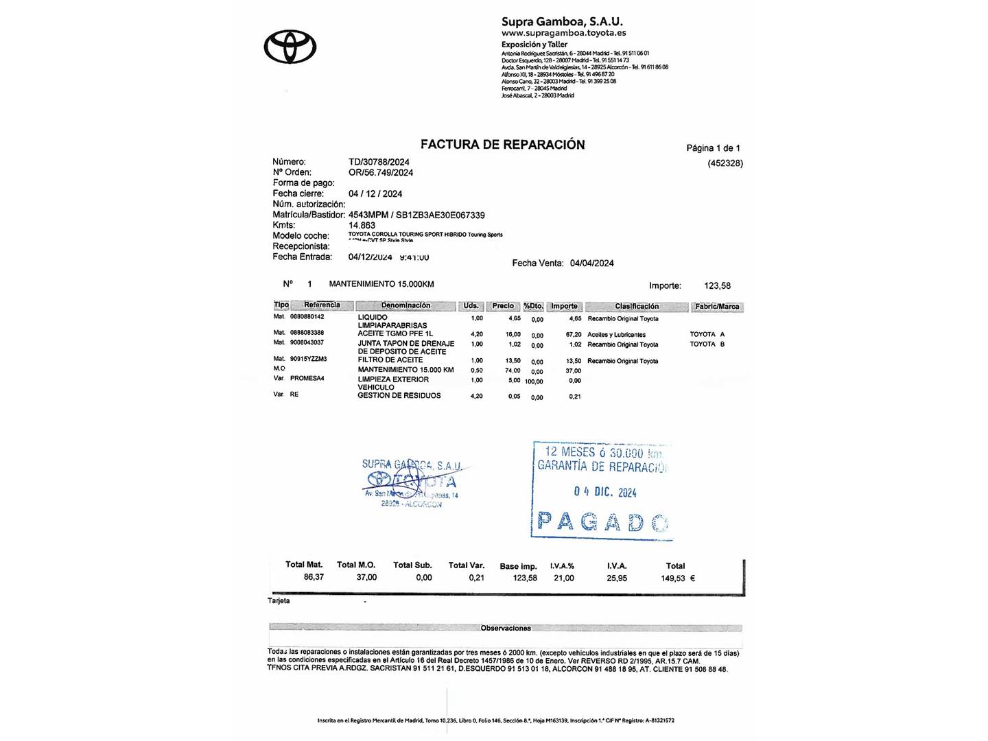 Foto del mantenimiento del Toyota Corolla Toyota Corolla 140H Touring Sport Style Edition Auto (140 CV)