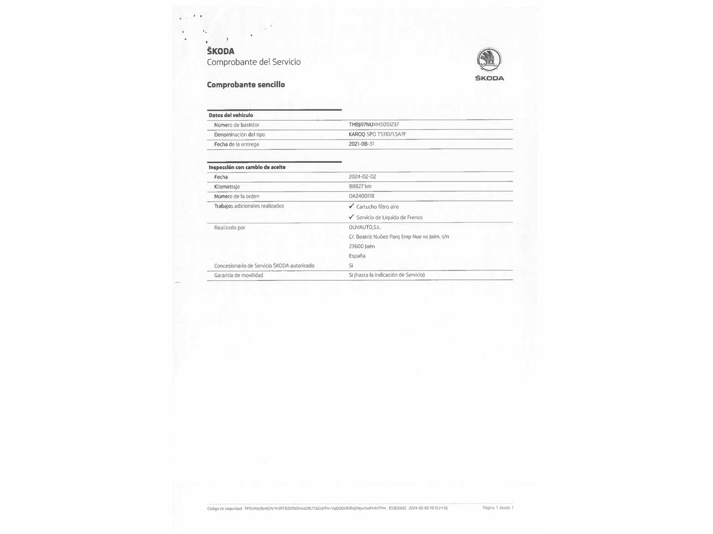 Foto del mantenimiento del Skoda Karoq Skoda Karoq 1.5 TSI ACT Sportline DSG (150 CV)