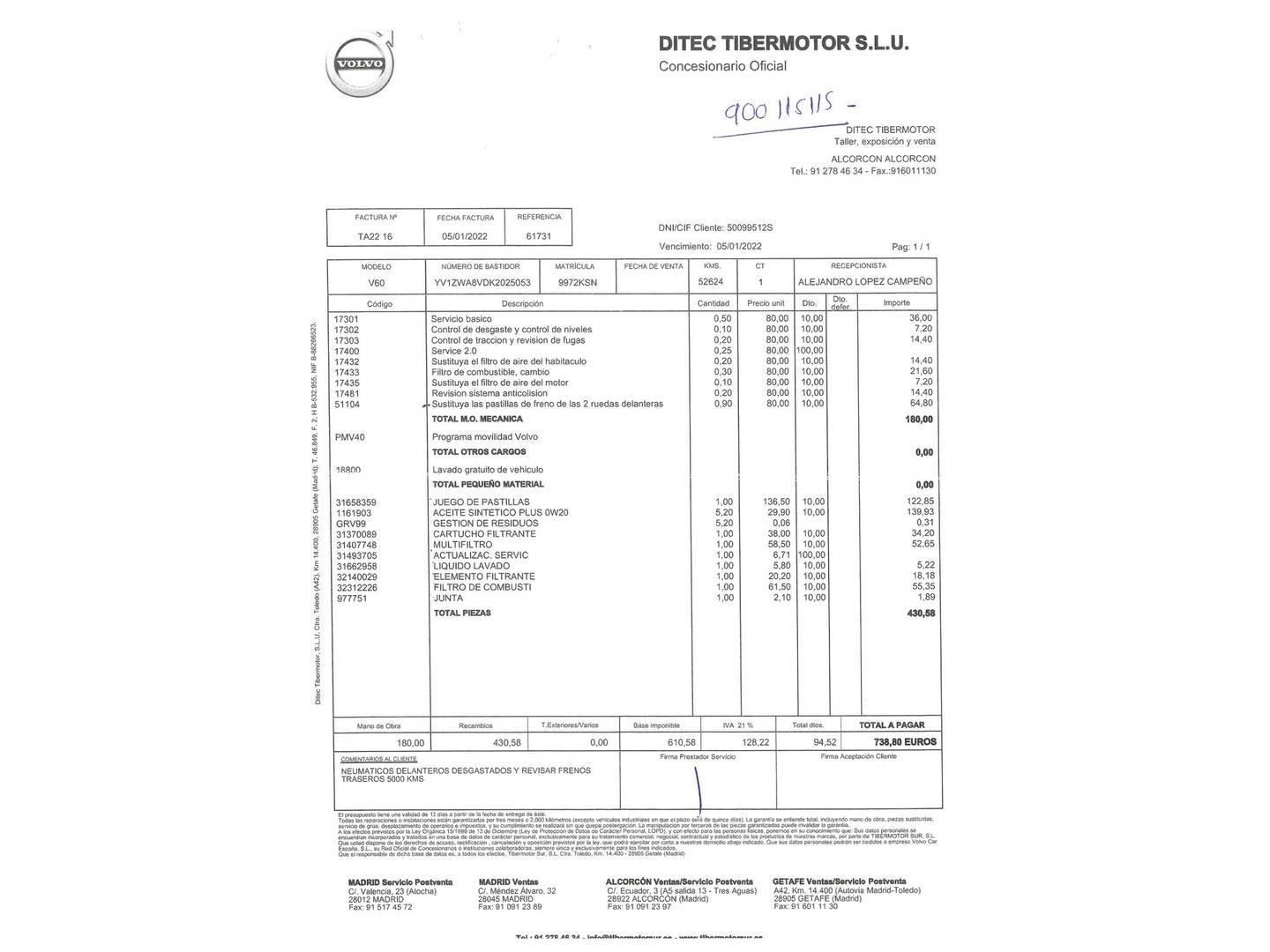 Foto del mantenimiento del Volvo V60 Volvo V60 D4 Momentum Auto (190 CV)