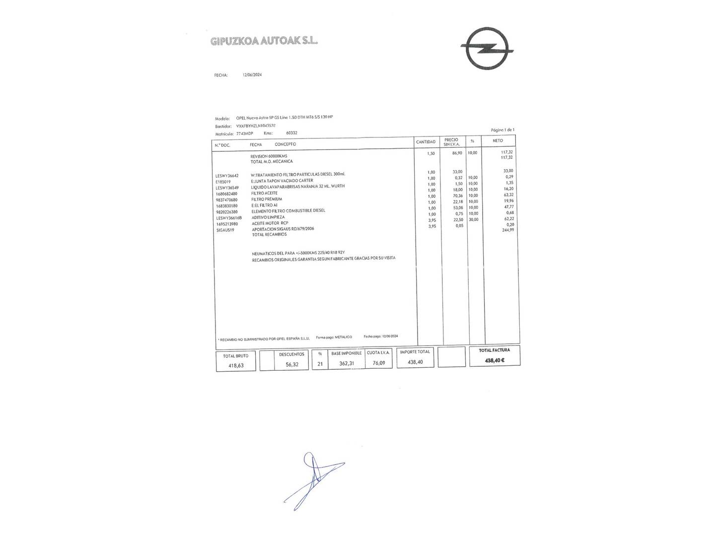 Foto del mantenimiento del Opel Astra Opel Astra 1.5 D DTH GS Line (130 CV)