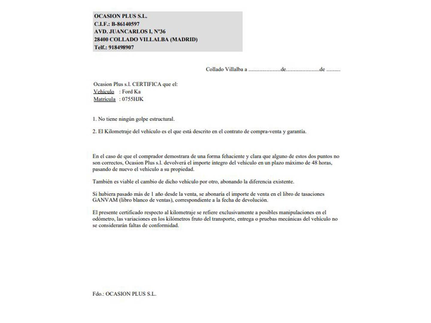 Foto del certificado del Ford Ka Ford Ka 1.2 Duratec S&S Titanium+ (69 CV)