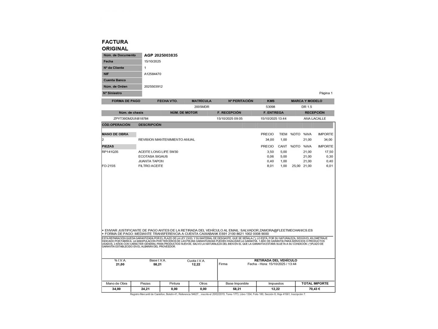 Foto del mantenimiento del DR AUTOMOBILES DR 4.0 DR AUTOMOBILES DR4 1.5 (116 CV)