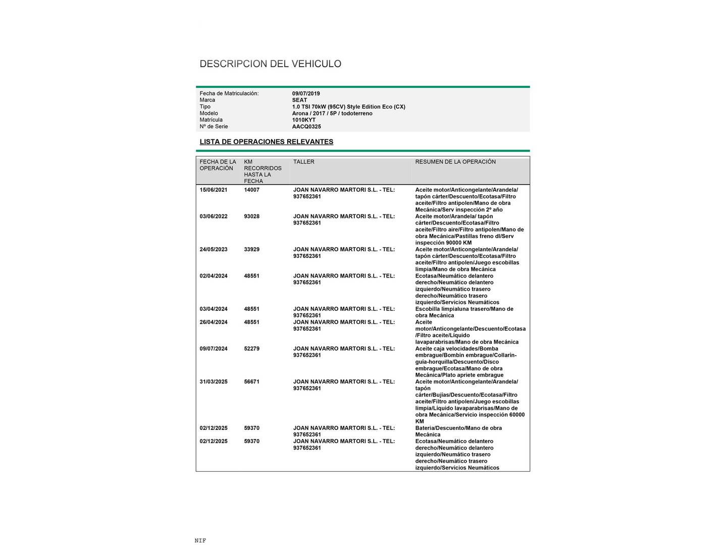Foto del mantenimiento del Seat Arona Seat Arona 1.0 TSI Ecomotive S&S Style (95 CV)