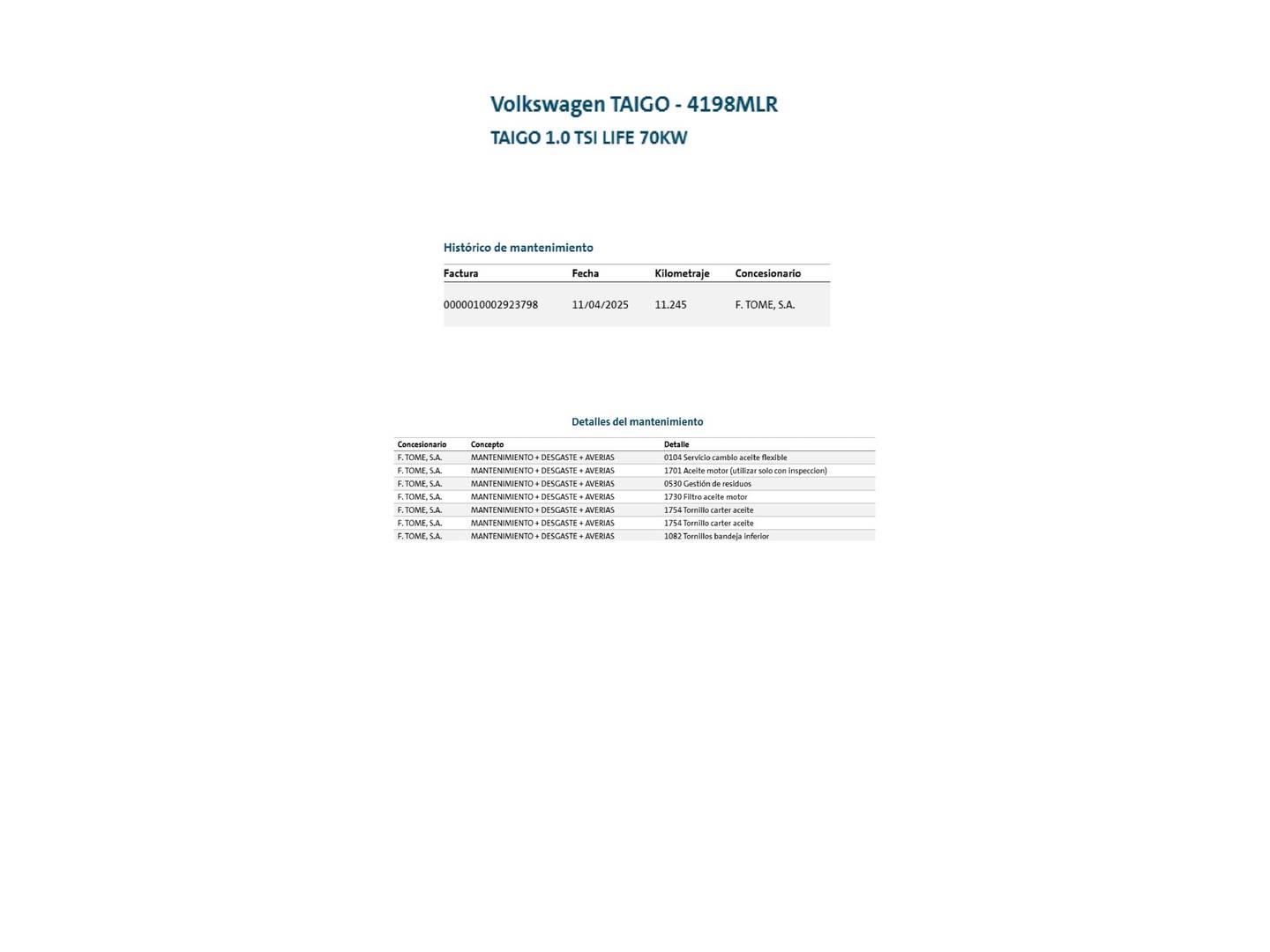 Foto del mantenimiento del Volkswagen Taigo Volkswagen Taigo Life 1.0 TSI (95 CV)