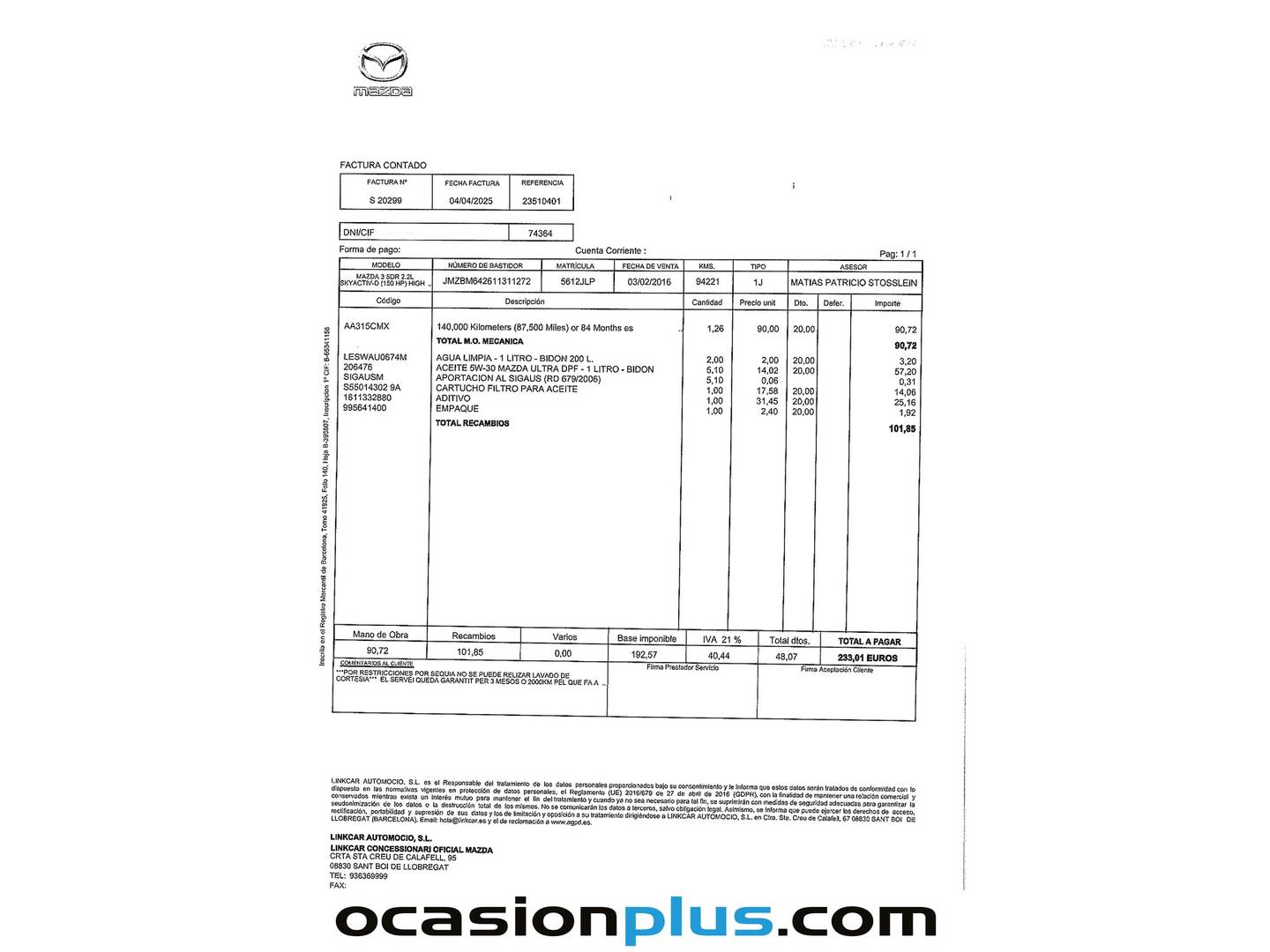 Foto del mantenimiento del Mazda Mazda3 Mazda Mazda 3 2.2 DE Luxury (150 CV)