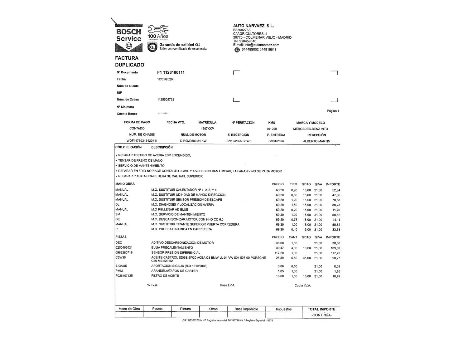 Foto del mantenimiento del Mercedes Vito Mercedes Vito 111 CDI Larga  (114 CV)