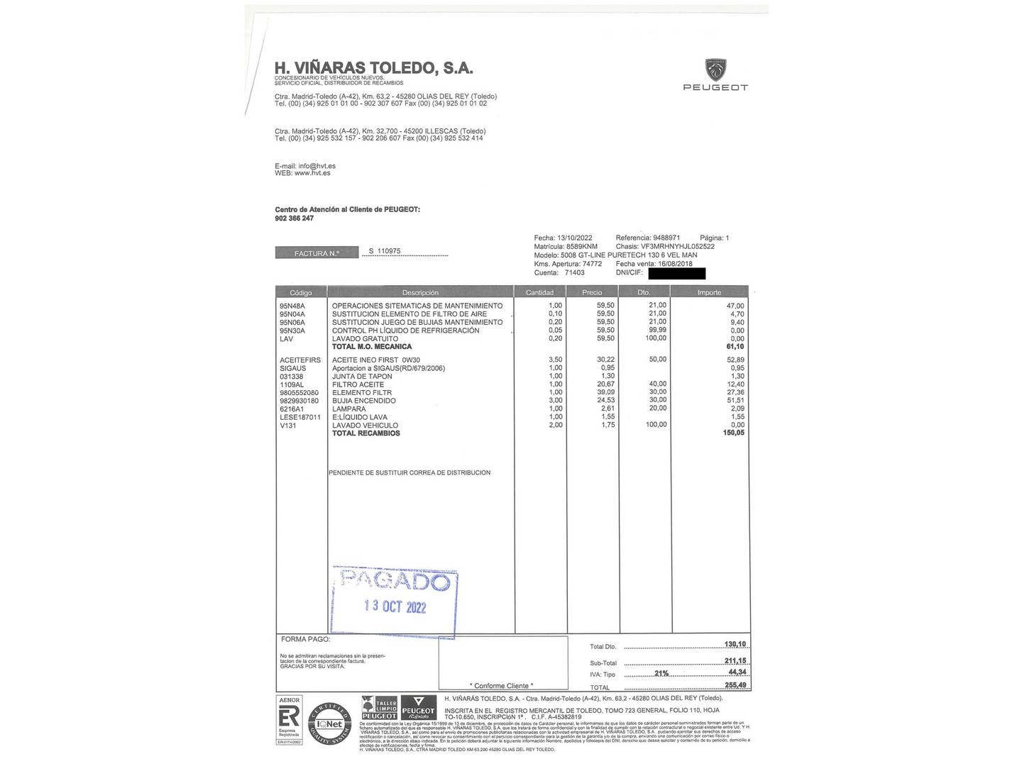 Foto del mantenimiento del Peugeot 5008 Peugeot 5008 1.2L PureTech S&S GT Line (130 CV) 7 Plazas