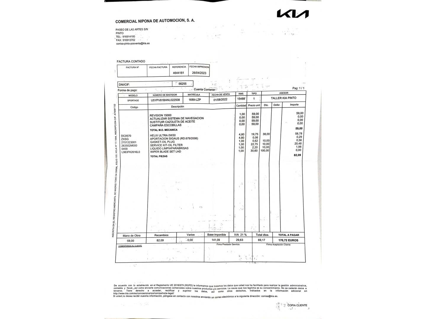 Foto del mantenimiento del KIA Sportage KIA Sportage 1.6 T-GDi Drive 4x2 (150 CV)