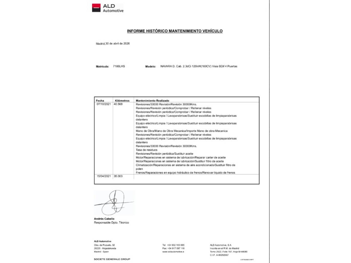 Foto del mantenimiento del Nissan Navara Nissan Navara PickUp 2.3 dCi Doble Cabina Visia BDif  (163 CV)
